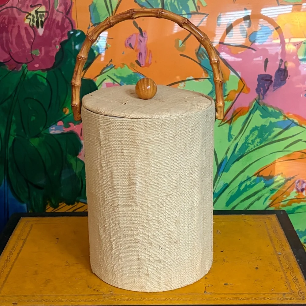 Vintage MCM GrassCloth Raffia Burlap Ice Bucket Bamboo Handle Tiki Bar Tropical